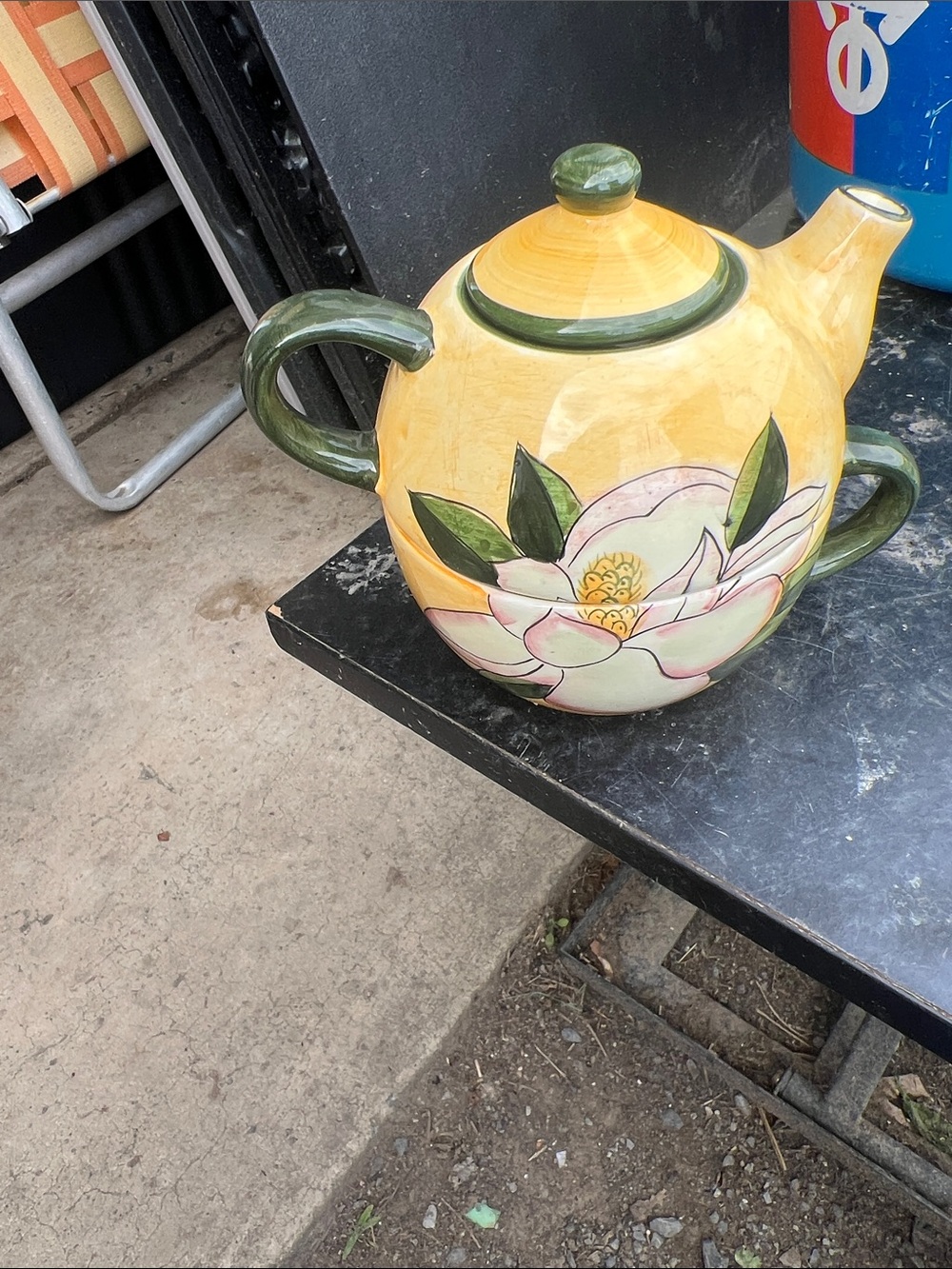 Hand-Painted Floral Ceramic Teapot - Yellow & Green